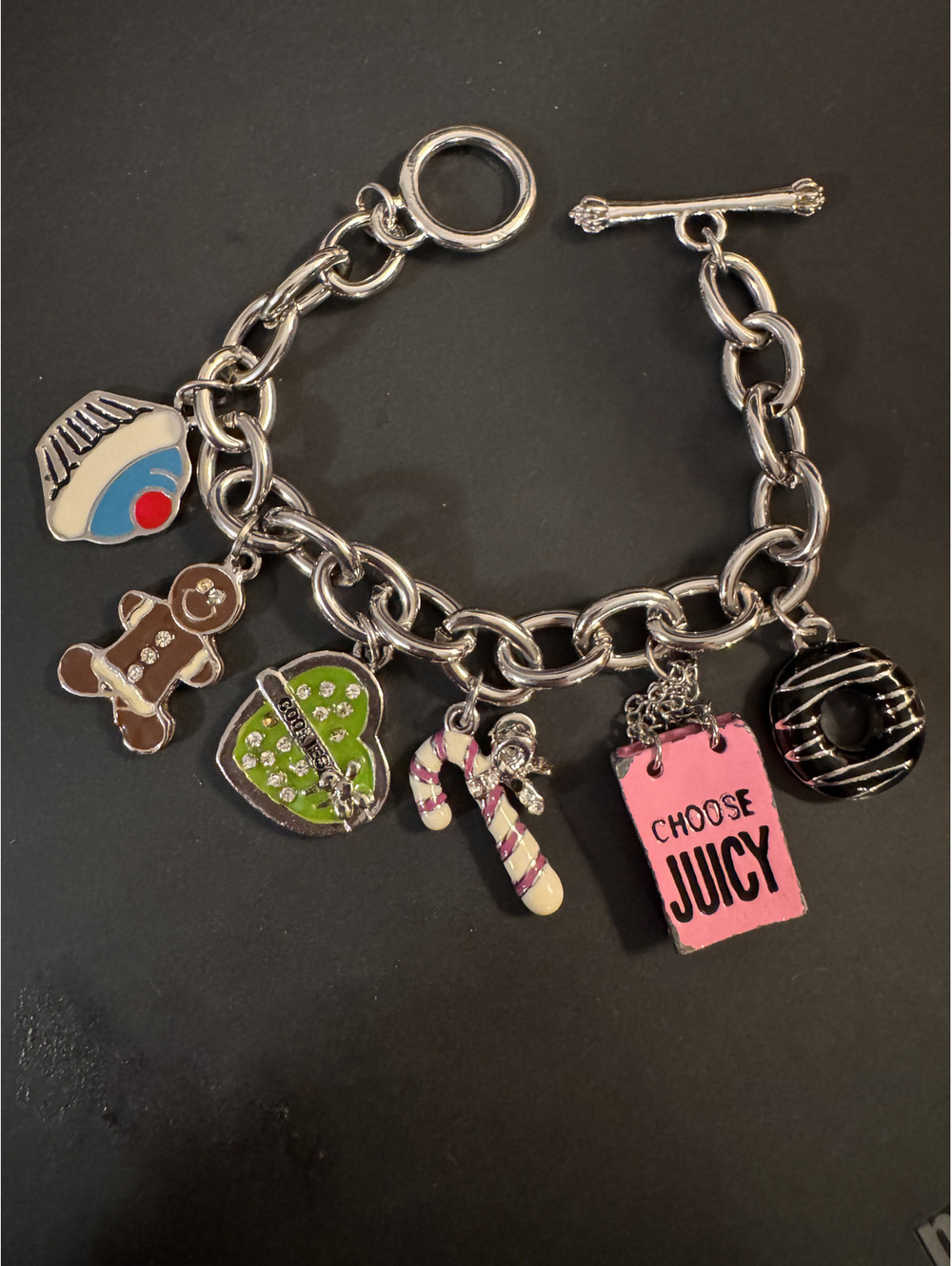 Y2K RARE Juicy Couture Charm Bracelet w/ Holiday Charms, Juicy Bag, and Sweets